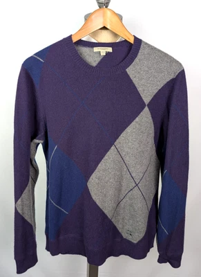 BURBERRY 100% кашемир ворота пуловер Argyle свитер Sz L фиолетовый серый синий - Изображение 1 из 4