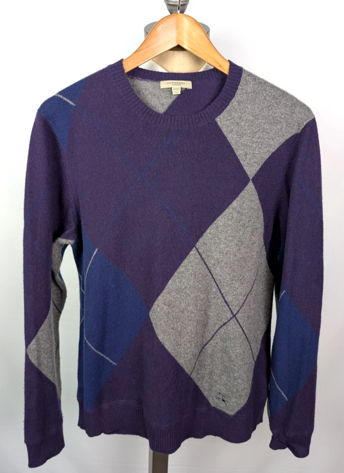 Suéter BURBERRY 100 % Cachemira Cuello Redondo Argyle Talla L Púrpura Gris Azul Foto 1 de 4