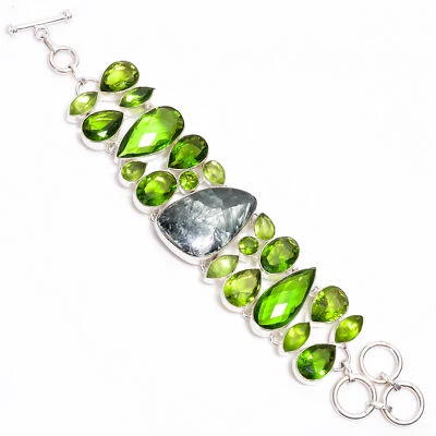Seraphinite Peridot Gemstone Fashion Jewelry 925 Silver Bracelet 6-8" ARB-428 - Image 1 of 3