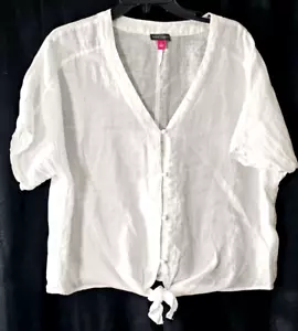 Vince Camuto Womens 100% Linen White Short Sleeve Button-Down Tie Front Blouse L - Picture 1 of 5