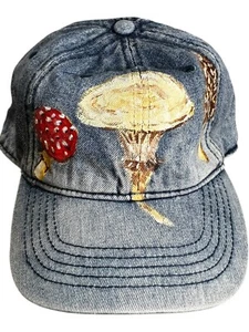 Women's Washed Cotton Twill Baseball Hat Blue Denim w/handpainted mushrooms - Picture 1 of 7