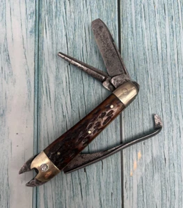 Antique Oscar Barnett Tool Bone Handle Plier Knife - Picture 1 of 9