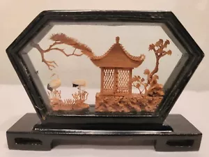 Chinese Cork & Wood Diorama Hand Carved Asian Crane Pagoda Tree Art Glass - Picture 1 of 21