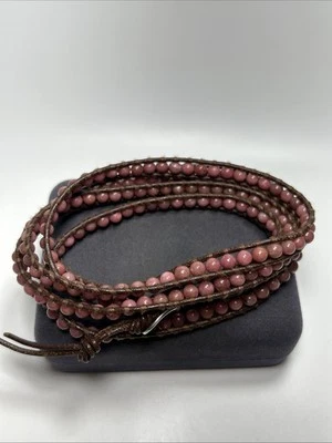 Brazalete envolvente de cuero con cuentas de rodocrosita rosa plata esterlina Chan Luu de diseñador Foto 1 de 4