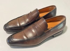 Santoni Simon 2-Tone Brown & Black Penny Loafers Men’s Shoes 9.5D Made In Italy - Picture 1 of 24