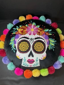 Coco Skull 17” Embroidered Pillow Dia De Los Muertos Day Of The Dead Colors - Picture 1 of 7