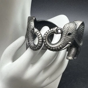 Vintage Pewter Elephant Cuff Bracelet Hinged Jungle Safari Statement Bangle - Picture 1 of 19