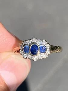 9ct Gold Diamond Sapphire Cluster Ring, 3 Stone Sapphire 9K 375 - Picture 1 of 7