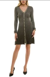 Taylor Gold Metallic Knopfleiste Fit & Flare Kleid Akkordeon Rock Neu M - Bild 1 von 23