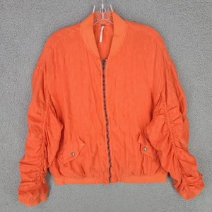 Free People Jacket Womens Small Oversized Linen Bomber Orange Full Zip Ruched - Picture 1 of 13