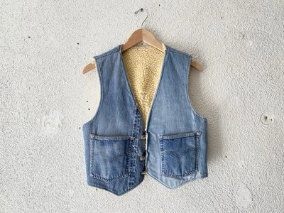 1970s vtg HOMEMADE DENIM PATCHWORK SHERPA VEST XS/S Levis Selvedge Single Stitch - Image 1 of 4