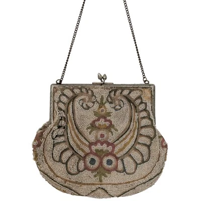 Старинный французский микро бусина вечер рамка сумка Эдвардианский цветочный запястье цепочка - Изображение 1 из 4