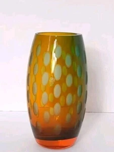 Vintage Glass Art Orange Amber Blue Thumbprint Vase Retro Plant Flower - Picture 1 of 14