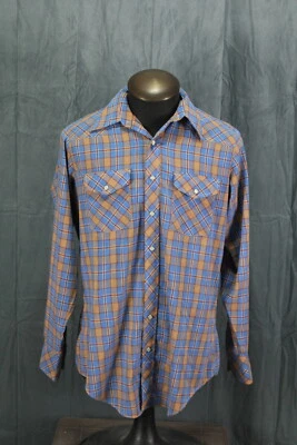 Vintage Western Shirt -  Blue and Brown Checker Pattern - Men's Large Tall - Image 1 of 4