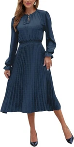 G&Y Navy Blue Midi Casual Long Sleeve Swiss Dot Pleated Flowy Dress Women L - Picture 1 of 6