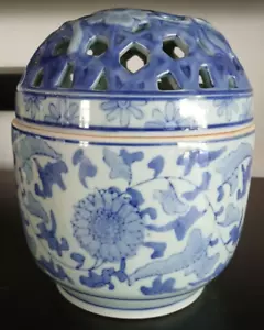 Vaso portacandele incenso coperchio rana fiore diffusore porcellana blu vaso vintage - Foto 1 di 24