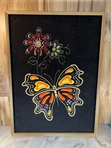 Vintage Butterfly Flower Black Velvet Art Stitched 18.5" x 25" - Picture 1 of 10