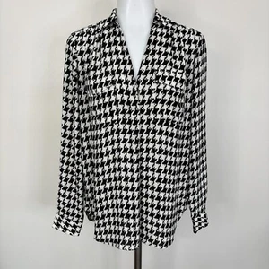 Ann Taylor Top XS Black Cream Houndstooth Collared Long Sleeve Pocket Blouse - Picture 1 of 11