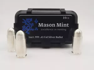 Bala de plata fina Mason Mint 10 X 1 oz .999 calibre .45 ACP caja de 10 en estuche - Imagen 1 de 5