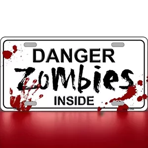 Placa de matrícula "Peligro Zombis Interior" Etiqueta de coche Garaje Hombre Cueva Apocalipsis Peligro - Imagen 1 de 1