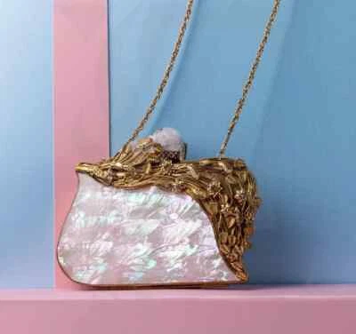 Natural Handcrafted Clam Sea Shell Inlaid Brass Clutch Bag Crossbody Handbag - Image 1 of 4
