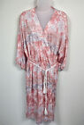Garnet Hill Robe Womens M White Pink Cotton Wrap Belted Nightgown 3/4 Sleeve