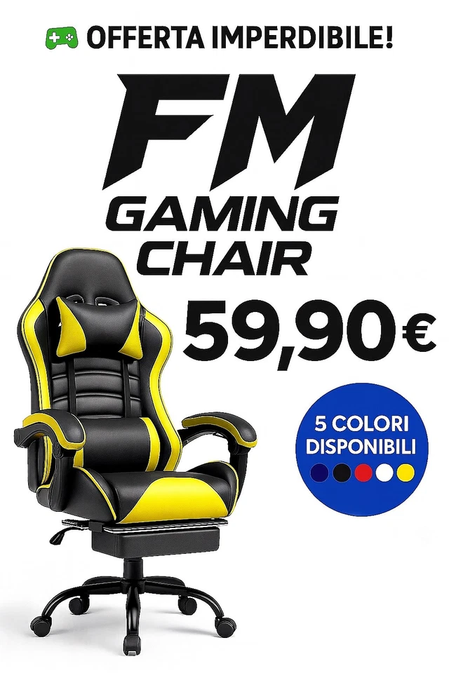 Poltrona Gaming FM Girevole Con Poggiapiedi e Cuscino Lombare e Cuscino Testa - Immagine 1 di 4
