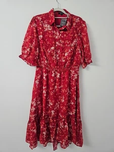 JD Williams Shirtkleid Damen 14 rot Blumen Midi gefüttert Stufen gesmokte Taille - Bild 1 von 9