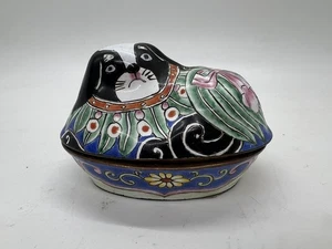 Canton Emaille Kupferrand Schmuckschatulle Pekinesischer Hund Türkis Innen - Bild 1 von 6