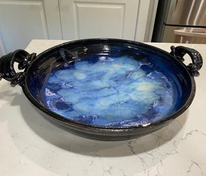 Large Decorative Art Pottery Blue Bowl W/ Handles 14.5"x 17.5"x 2.5" Signed - Picture 1 of 12
