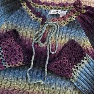Mudd VTG Women’s L Striped Cable Knit Crochet Logo Sweater Y2K Bell Sleeve Retro - Picture 1 of 14