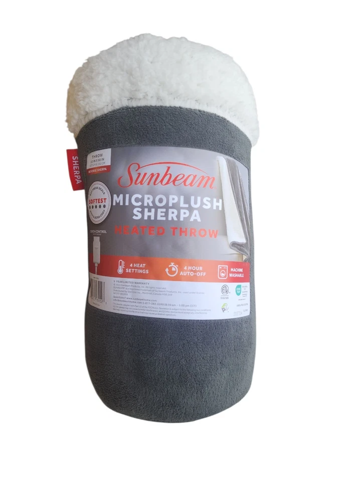 Sunbeam Microplush Reverse Sherpa Heated Throw Blanket 4 Heat Settings 50” x 60” - Image 1 of 1