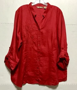 Ecologie Woman Button Front Blouse Women's 2X Red 100% Linen Floral Embroidered - Picture 1 of 11