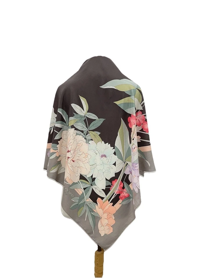 AS8# Leonard Paris Bufanda de Seda Marrón Estampado Floral Diseñador de Lujo Hecho en Francia Foto 1 de 4