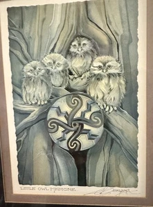 “Little Owl Medicine”  Jody Bergsma Signed  Watercolor Print Framed   4 Owls - Picture 1 of 16