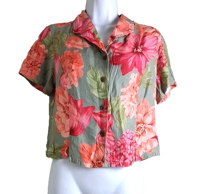 Caribbean Joe 女式热带花卉丝绸人造丝短袖衬衫,尺寸 PM — 第 1/4 张图片