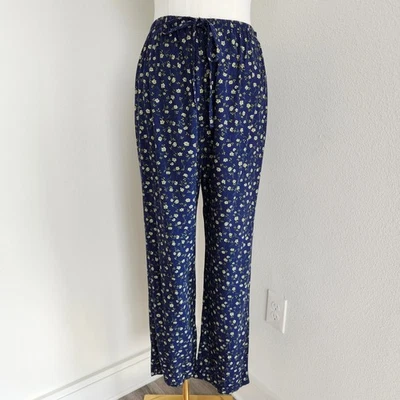 Vintage 90s Blue Floral Pants High Rise Straight Leg Elastic Grandmacore L/XL - Image 1 of 4