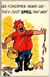 Vintage Comic alter Fischer stirbt nie, sie riechen nur so Humor unbenutzte Postkarte - Bild 1 von 2