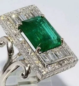 Genuine 935 Argentium Silver Lab Created Green Cushion Art Deco Wedding Ring - Picture 1 of 3