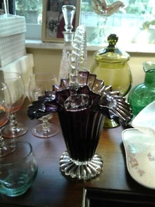 Art Glass Italian Bowl Basket Handblown AMYTHYST Clear Handle Ruffled Edge LQQK - Picture 1 of 8