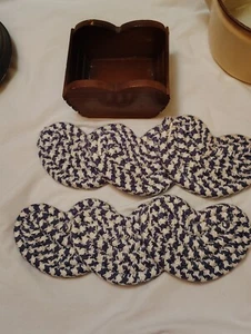 Vintage Set of 6 Braided Blue and White Heart Coasters in Wooden Caddy. 4”H 5”W - Picture 1 of 2