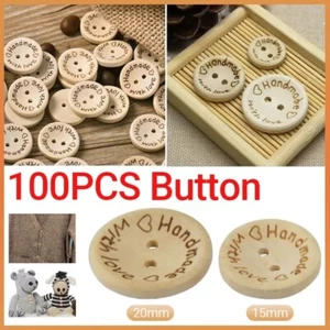100PCS Natural Wooden Button Craft Sewing DIY Handmade With Love Wooden Buttons - Picture 1 of 14