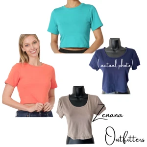 Zenana Women's Short Sleeve Round Neck Cropped Shirts - CHOOSE COLOR & SIZE - Picture 1 of 17