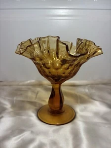 Vintage Fenton Thumbprint Amber Glass Ruffled Edge Footed Compote Candy Dish - Picture 1 of 3