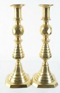 Antique Pair Of  Victorian Diamond Cut Brass Candlesticks With Candle Pushers