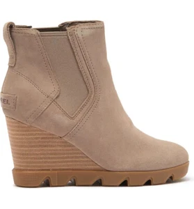 NEW SOREL Joan Uptown Waterproof Wedge Chelsea Boot US 11 Omega Taupe Gum Suede - Picture 1 of 16