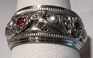 Lab Created Rubies & Diamonds 14k White Gold Art Deco Band - Size 9 1/2 - Picture 1 of 5