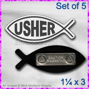 Set 5 distintivi USHER incisi bianchi nome chiesa con calamita a forma di pesce Gesù - Foto 1 di 1