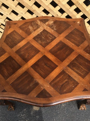 Antique THICK Ball & Claw Foot Coffee Table Square Inlaid Wood Parquet Vintage Cover