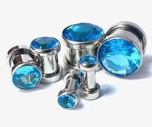 PAIR Large Aqua Blue Gem Screw Fit Tunnel Plug Gauge Body Jewelry Piercing - Picture 1 of 7